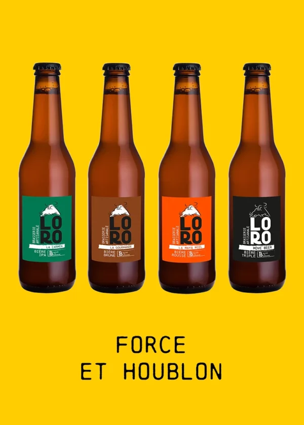 Logo pack coffret Force et houblon, 12 bières : La Maya Miel (rousse), La Carmen (IPA), La Gourmande (brune) et la Triple Move Beer (blonde triple)