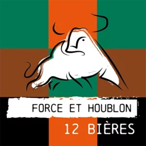 Logo pack coffret Force et houblon, 12 bières : La Maya Miel (rousse), La Carmen (IPA), La Gourmande (brune) et la Triple Move Beer (blonde triple)